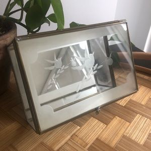 Vintage Gold and Glass Mirrored Bottom Etched Top Jewelry Box